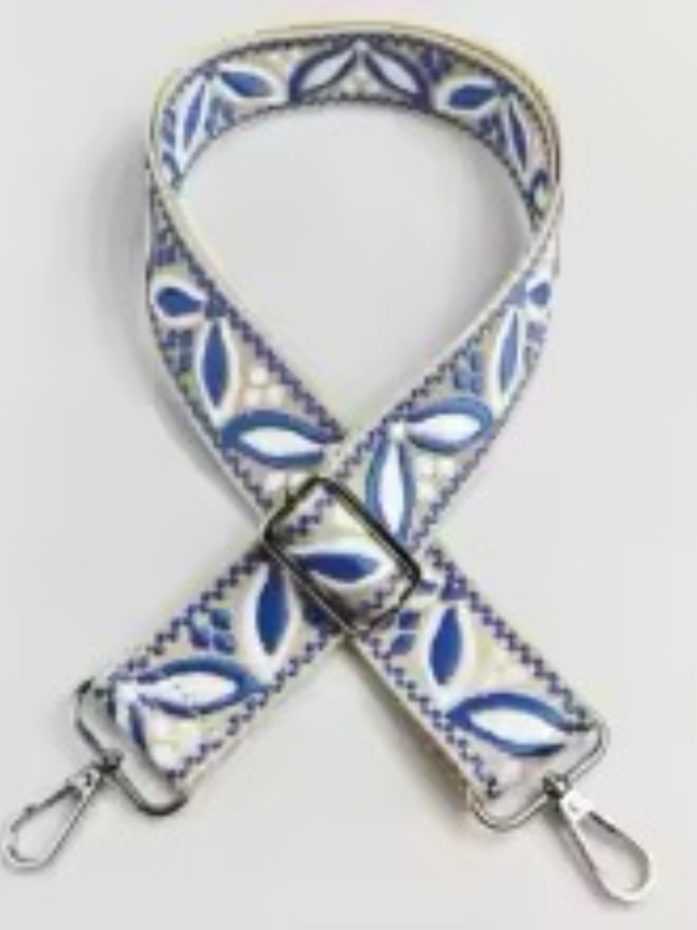 NEW Blue/White/Khaki Magnolia print crossbody Guitar Strap-Silver hardware